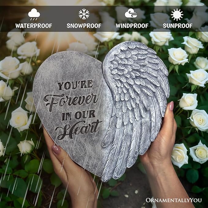 OrnamentallyYou Elegant Resin Stepping Stone, Outdoor Garden Pathway Decoration (You’re Forever in Our Hearts Angel Wing Stepping Stone, 9.5" Garden Decorative Memorial Resin Figurine)