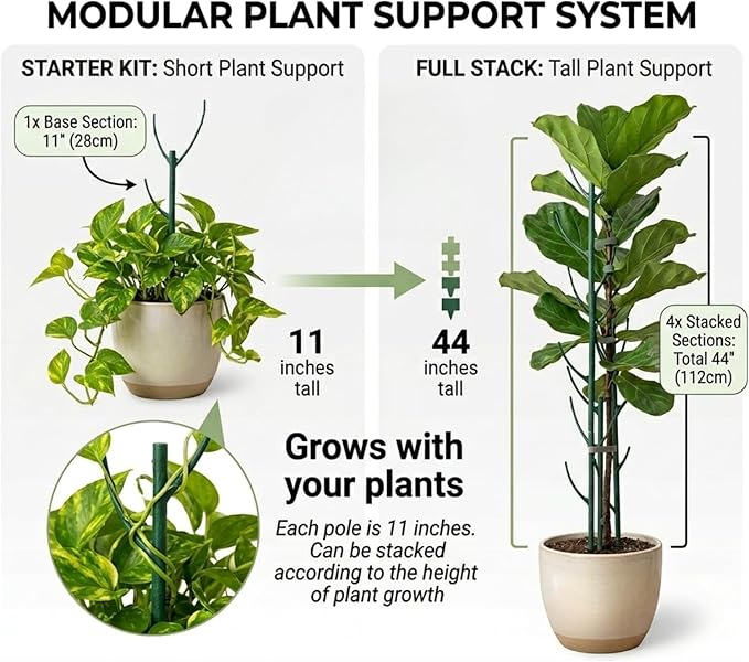 10 Pack Stackable Plant Support Stakes, 75inch Climbing Plant Sticks Structures for Monstera with Garden Ties, Durable Alternative to Moss Pole for Indoor Outdoor Plants