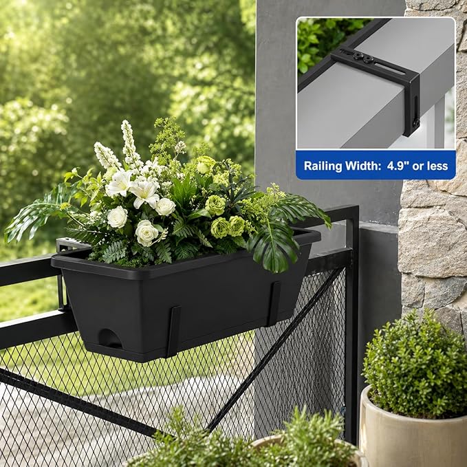 CADUKE Railing Planter Box 4 Pack Window Boxes Planter with Adjustable Brackets 16.9 Inches Deck Railing Hanging Flower Boxes Black Balcony Planters Fence Hanging Planters for Outdoor