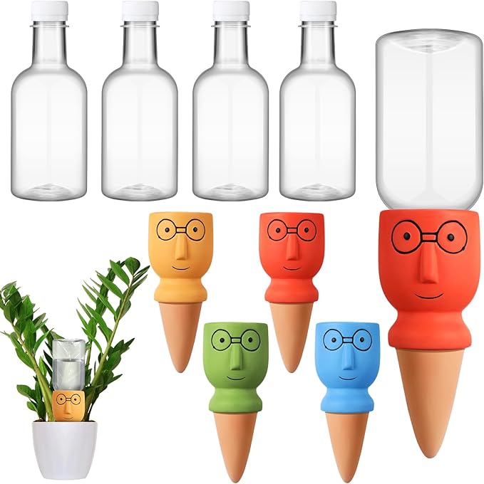 Cinnvoice 4 Sets Terracotta Watering Spike Plant Self Watering Devices with 12 oz Plastic Wine Bottles for Vacation Slow Release Irrigation System Plant Easy Waterer Device for Garden Accessories
