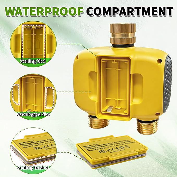 Boltigen Upgraded Brass Sprinkler Timer-2 Zone Water Hose Timers with Metal Inlet & Outlet-Waterproof & Programmable Design Timer Rain Delay & Manual Watering, for Outdoor Garden Irrigation Lawn Yard