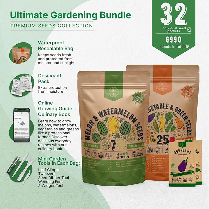 7 Melons and 25 Summer Vegetable & Greens Seeds Variety Pack Bundle, 7,000+ Non-GMO Heirloom Garden Seeds for Planting Vegetables and Melons for Indoor & Outdoor Gardening