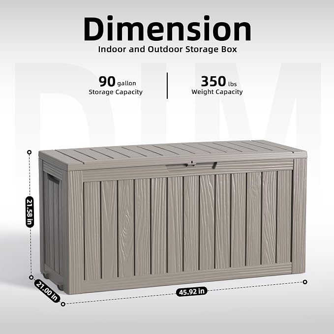 90 Gallon Outdoor Storage Box Waterproof, Resin Lockable Deck Box with Lid, Large Capacity Weatherproof Container for Patio Furniture Pool Accessories, Side Table and Cushions(Grey, 90 Gallon)