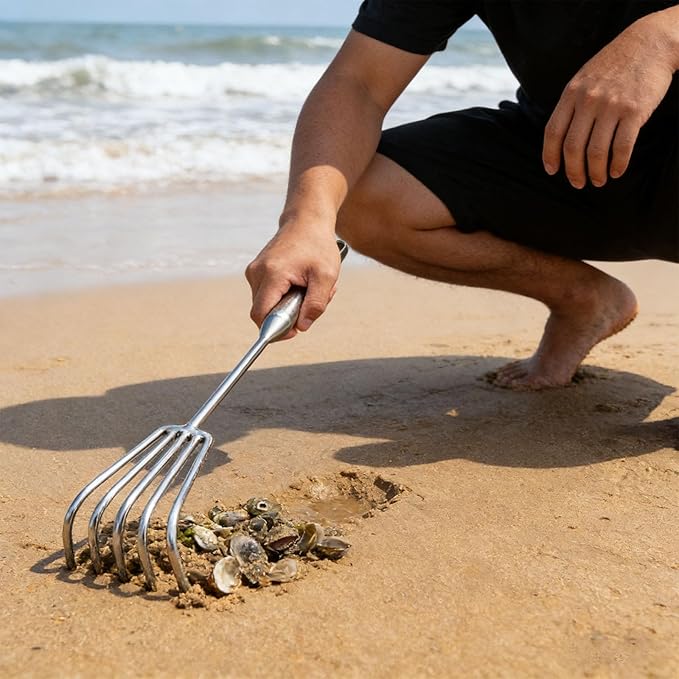 5-Tine Long-Handle Stainless Steel Small Rake – Multi-Purpose Tool for Garden Weeding, Beach Combing & Mushroom Foraging
