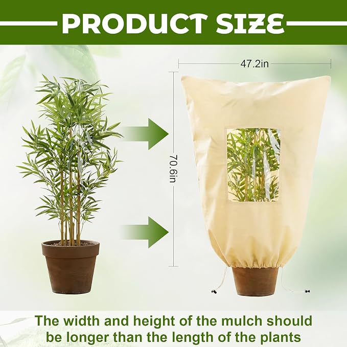 4 Pcs Large Plant Covers Freeze Protection with Viewing Window, Drawstring & Zipper Winter Frost Covers, Shade Cloth for Shrubs, Small Trees, Frost(Beige,47.24 x 70.87 Inch)