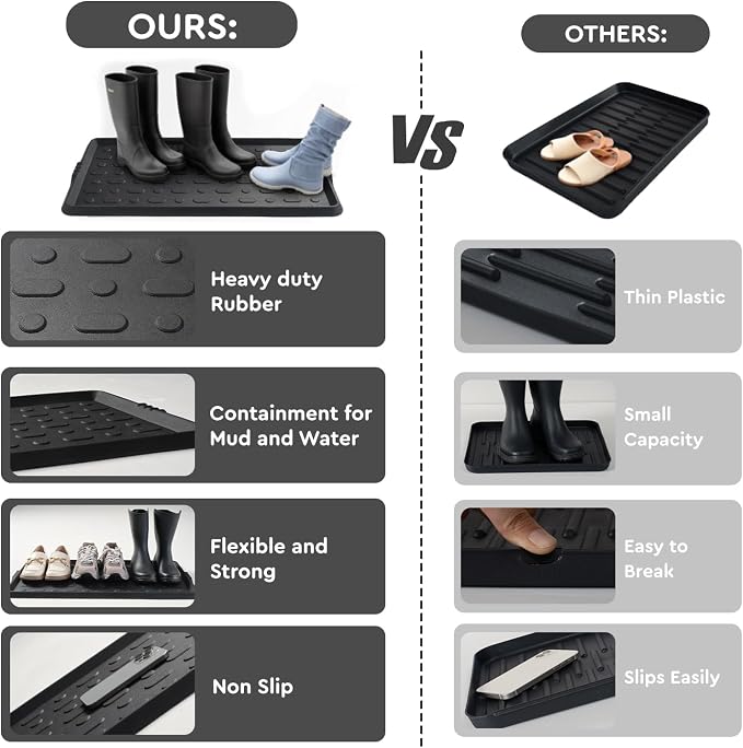 tchdio Durable Rubber Boot Tray and Shoe Mat for Entryway - Heavy Duty Waterproof Shoe Tray Organizer, Non Slip Boot Trays for Front Door, Entryway Muddy Shoes Storage, 16x27.5 Inches