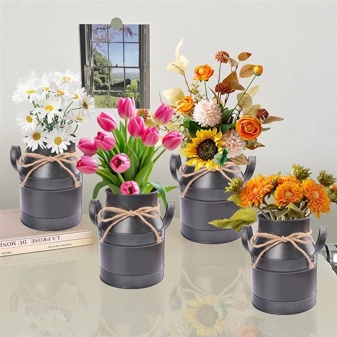 4 Packs 6 inch Milk Can Rustic Vases, Milk Can Farmhouse Vases for Home Decor with Galvanized Finish, Perfect Rustic Flower Vase for Table Centerpieces, Kitchen & Living Room Décor
