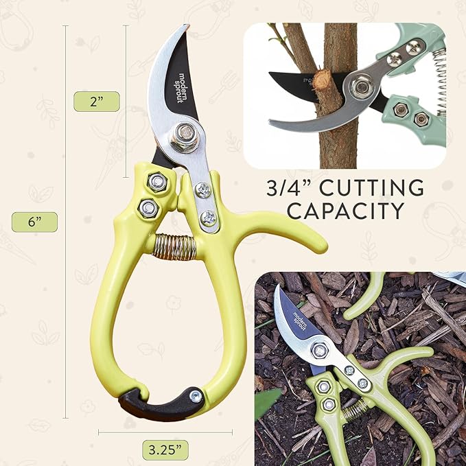 Modern Sprout Hand Pruners- Lightweight Pruning Shears W/Easy Lock-Gardening Scissors- Bypass Sharp Carbon Steel Blade- Rust Resistant- Garden Tools- Reusable Holster- Gift for Father's Day-Chartreuse