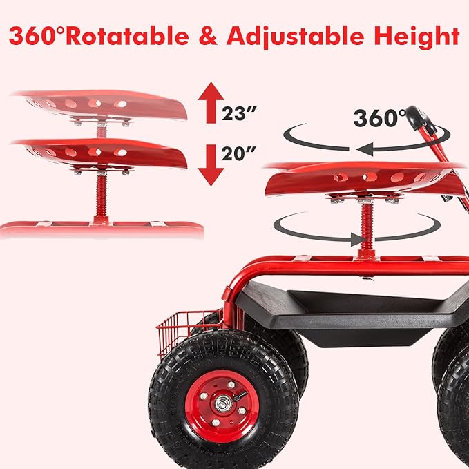 KINTNESS Garden Cart Seat Rolling Scooter Wagon with Extendable Steering Handle Swivel Seat & Utility Basket (Red)