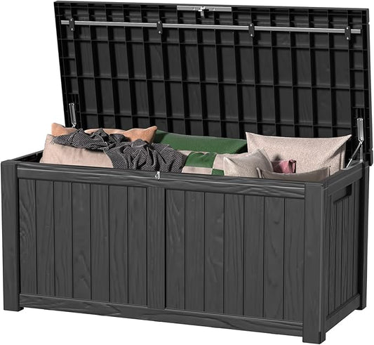 150 Gallon Outdoor Storage Box Waterproof, Resin Lockable Deck Box with Lid, Large Capacity Weatherproof Container for Patio Furniture Pool Accessories, Side Table(Black, 150 Gallon)