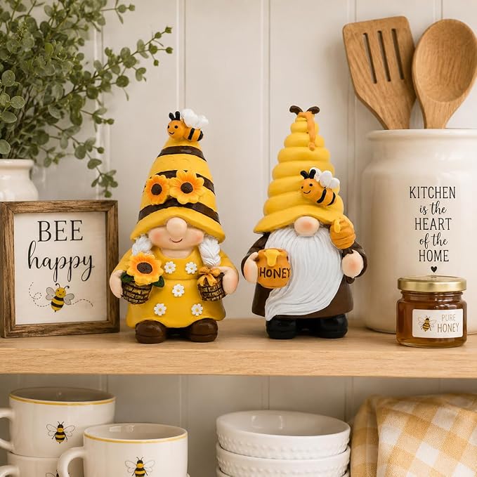 nuvagiki Bee Gnome Decor Set of 2, Honey Bee Gnome Figurines with Sunflower and Honey Pot, Rustic Farmhouse Bee Tiered Tray Decor for Spring Summer Kitchen Shelf Tabletop Decorations