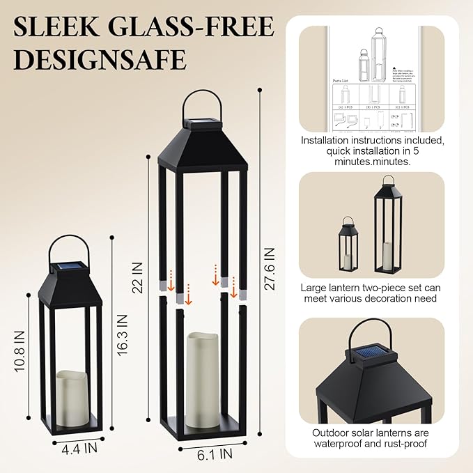 Large Outdoor Solar Lanterns Waterproof, Tall Farmhouse Black Metal Decorative Lanterns Solar Lights Outdoor for Front Porch Decor Outdoor Patio, Garden, Balcony, Porch, 27.6",16.3"-Set of 2