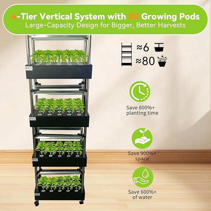 Indoor hydroponics Growing System, Large Vertical Hydroponic Garden with Smart Full-Spectrum Grow Lights, Auto Circulating Water, Mobile Indoor Gardening System for Herbs, Vegetables & Fruits