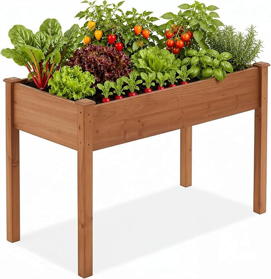 DUMOS Raised Garden Bed with Legs, 48x24x30 Inch Planter Box Outdoor with Liner for Herbs Flowers Vegetables, Elevated Wooden Garden Bed for Patio, Balcony and Backyard, Brown