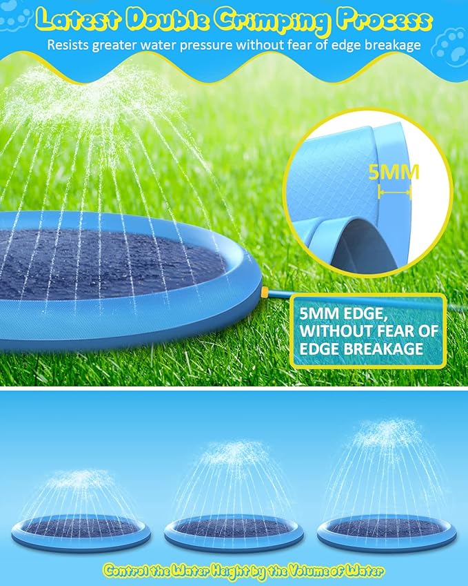Raxurt Splash Pad, 75in Anti-Slip Splash Pad for Kids Dogs Thickened Durable Bath Pool Pet Summer Outdoor WaterToys Backyard Fountain Play Mat, Blue