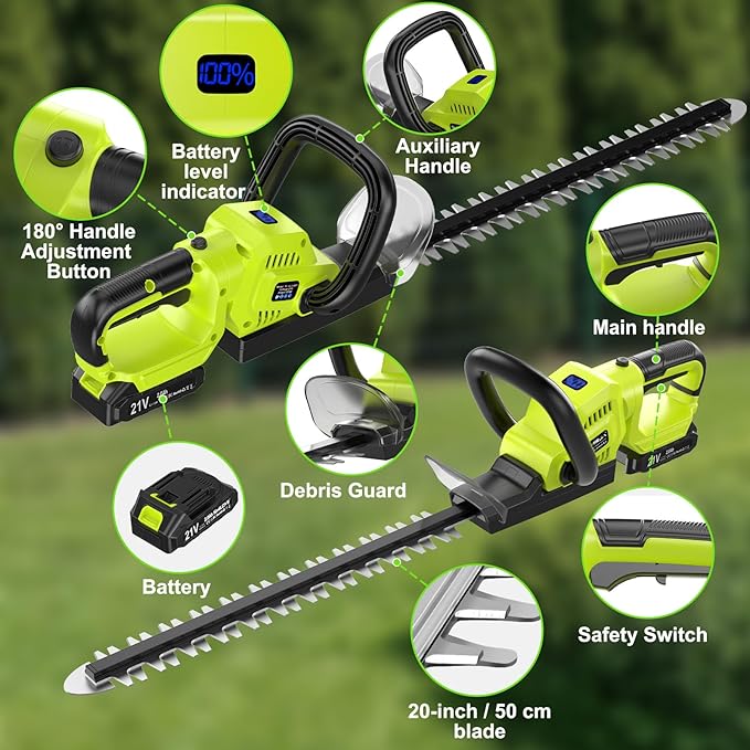 21V Lightweight Cordless Hedge Trimmer & Clippers, 20" Electric Bush Trimmer with 2 X 2.0Ah Batteries, LCD Display, 180° Rotating Handle, Dual-Action Blade, 2/3" Blade Gap for Shrub and Hedge