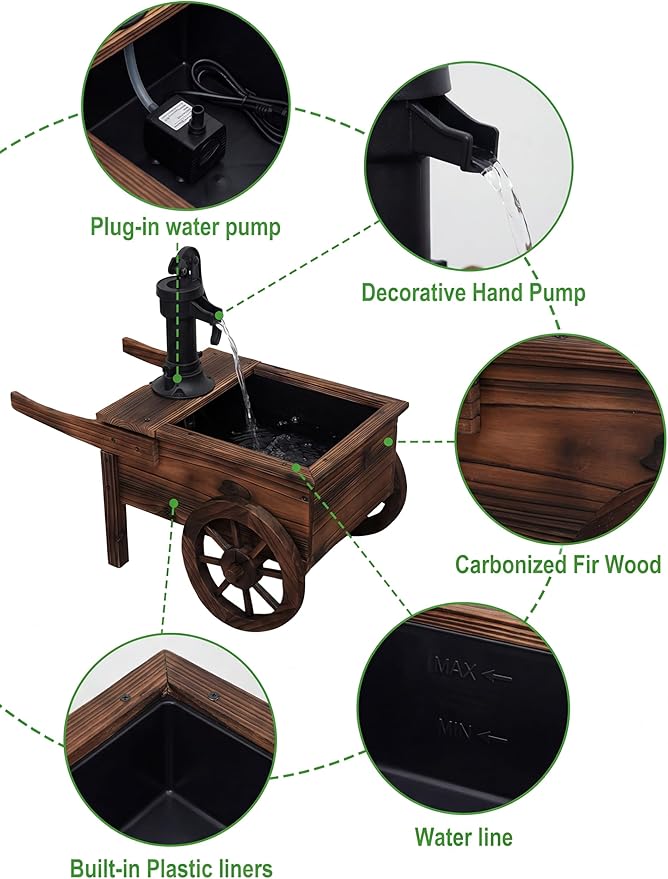 Carbonized Wood Outdoor Freestanding Fountain - Movable Vintage Hand Pump Cart, Plug-in Water Pump Electric Decorative Water Feature for Patio, Garden & Indoor Decoration