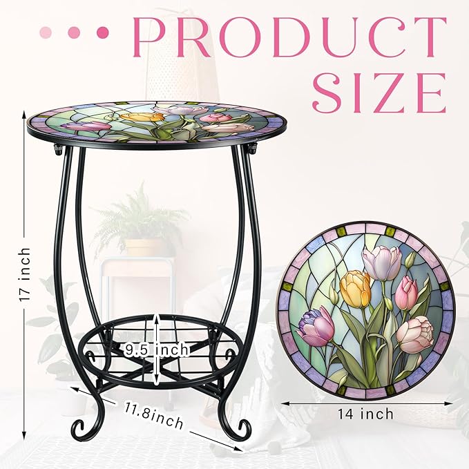 Cinnvoice Outdoor Side Table Round Small Mosaic Patio Accent Indoor End Plant Coffee Tea Table for Yard Patio Porch Garden Living Room, Bedroom(Tulip Style,14 Inch)