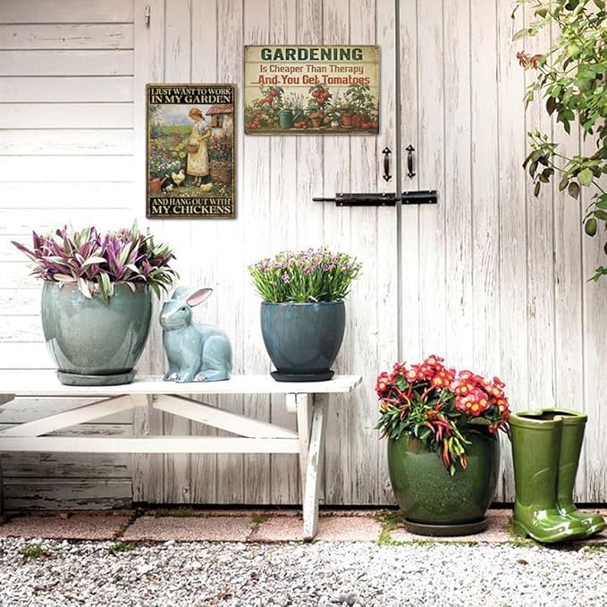 Vintage Garden Sign – 'Gardening Is Cheaper Than Therapy' | 12x8″ Funny Metal Garden Signs Decor for Outside, Gardening Gifts for Women & Mom, Plant Lover Gifts, 2685