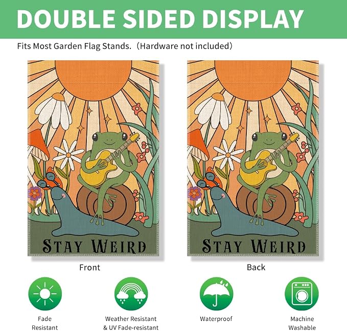 Perfectinsoy Stay Weird Retro Garden Flag, Snail and Frog Outdoor Banner, Funny Welcome Yard Holiday Farmhouse Patio Porch Lawn Outdoor Decor, Cute Frog Playing Guitar Flags, Housewarming Flag Gifts