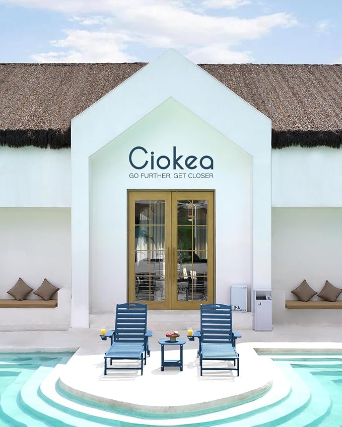 Ciokea Lounge Chair Outdoor, Oversized Chaise Lounge Chair with 5 Positions, HDPE, Patio Lounge Chair with Wheels & Cup Holder for Pool, Deck, Poolside, Azure Blue