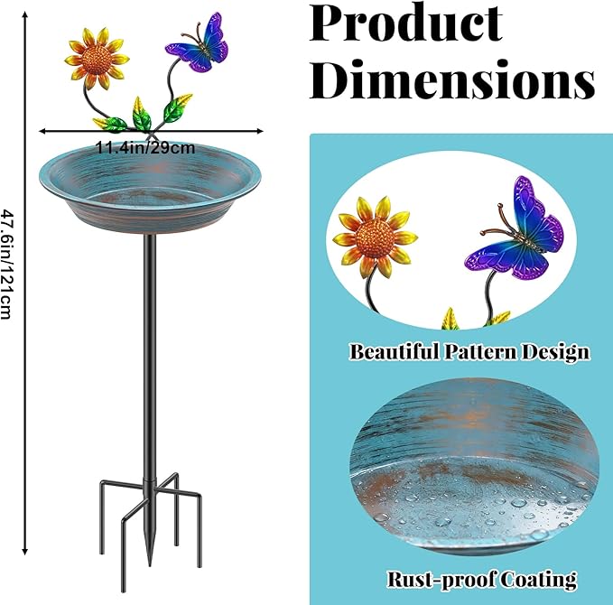 Vintage Metal Bird Bath for Outside, Standing Bird Feerder with Sunflower Decoration, Detachable Birdbaths Bowl for Outdoor Yard Lawn Garden Decor (Vintage Blue)