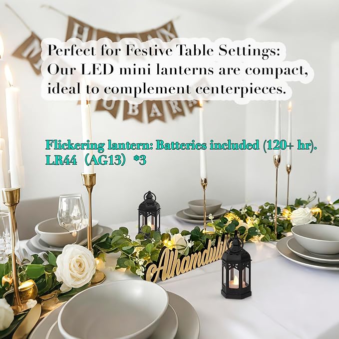 Mini Moroccan Lanterns with Flicker LED Candles Set of 12, Black Vintage Decorative Hanging Lanterns for Ramadan Decorations, Christmas, Halloween, Wedding Decor, Party, Table Centerpiece