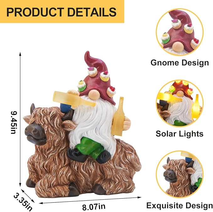 Dad Gifts for Fathers Day,Gnome Garden Decor Statue with Solar Light Lantern, Highland Cow Birthday Gifts for Men Women Mom Grandma, Funny Waterproof Resin Figurine Outdoor Decor for Yard Patio Porch