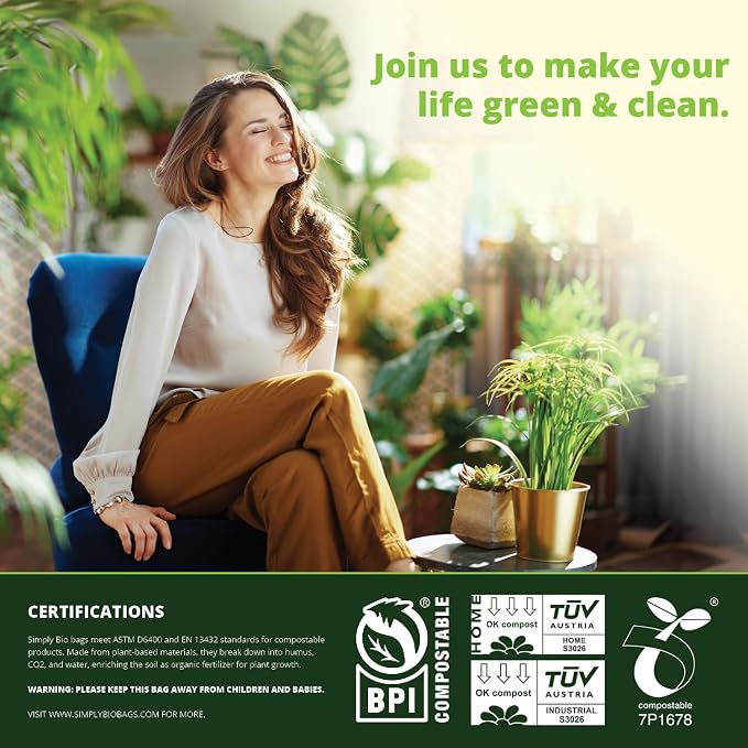Simply Bio 60-65 Gallon Compostable Trash Bags Liners Flat-Top, Heavy Duty Extra Thick 2 Mil, 242.27 Liter, 12 Bags, Lawn, Yard, and Restaurant Use, ASTM D6400, US BPI, OK Compost Home Certified