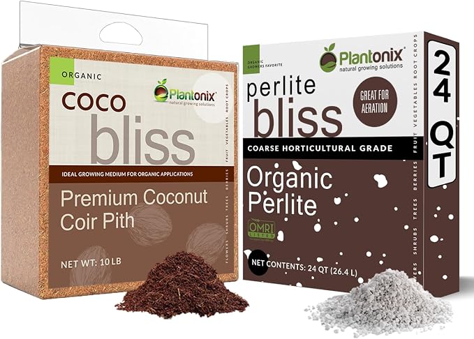 Coco Bliss (10lbs) + Perlite Bliss (24 Qts) - Coco Coir Brick & Organic Perlite for Plants - Coco Coir Perlite Mix - Organic Coco Coir for Plants - Coconut Coir Bulk Garden Soil & Potting Soil Mix