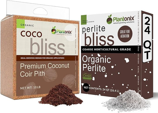 Coco Bliss (10lbs) + Perlite Bliss (24 Qts) - Coco Coir Brick & Organic Perlite for Plants - Coco Coir Perlite Mix - Organic Coco Coir for Plants - Coconut Coir Bulk Garden Soil & Potting Soil Mix