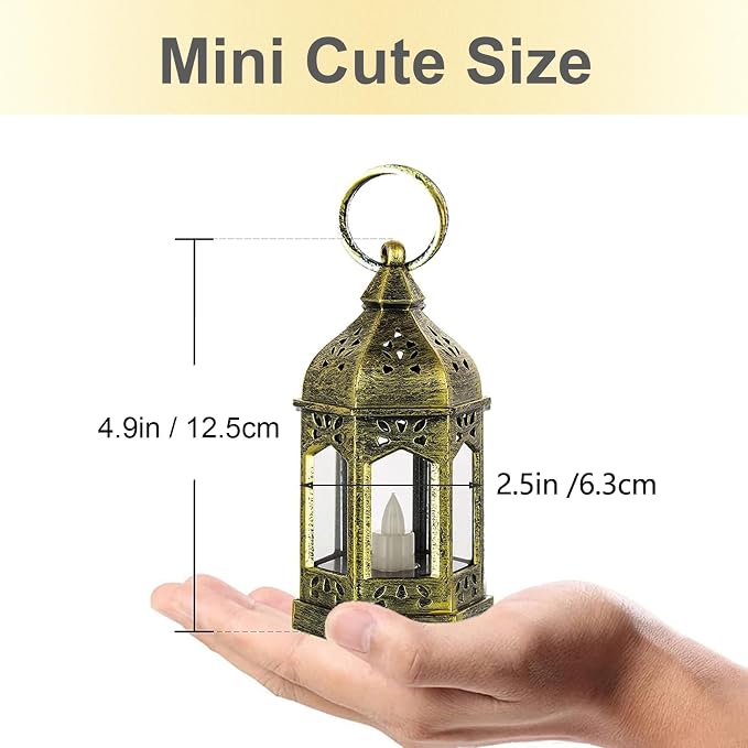 Mini Lantern with Flickering LED Candles Set of 10, Hewory Gold Vintage Decorative Hanging Candle Lanterns for Halloween, Christmas, Wedding Decorations, Party, Table Centerpiece, Battery Included