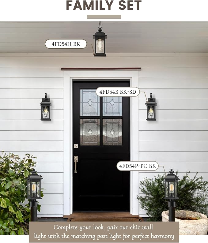 FEMILA 15" Exterior Wall Sconce, 2-Pack Outdoor Waterproof Wall Lights Fixture, Anti-Rust Matte Black Finish with Water Ripple Glass,4FD54B-2PK BK-SD