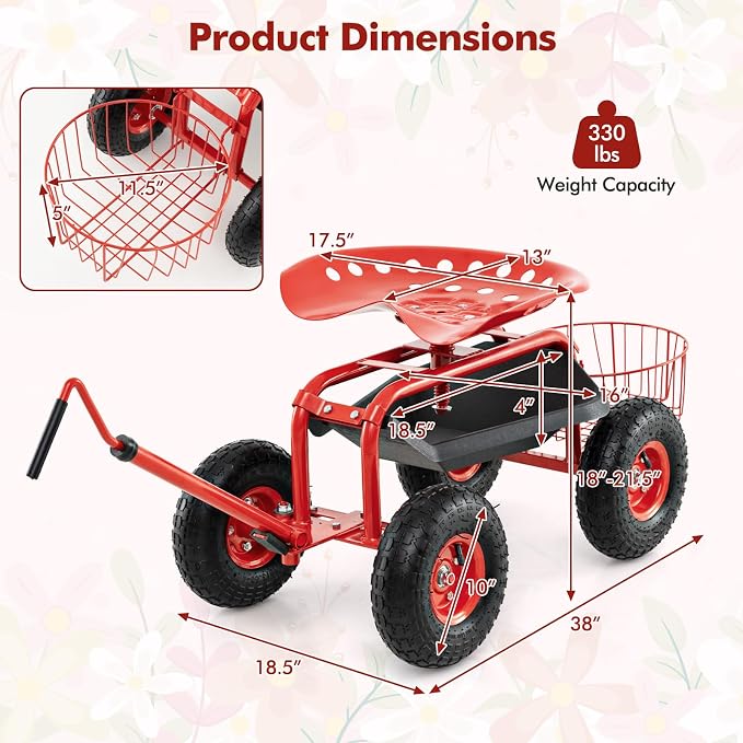 Goplus Rolling Garden Seat with Wheels, Outdoor Gardening Scooter with 360° Swivel Seat, Tool Tray & Basket, Adjustable Steering Handle for Lawn, Gardening Stool, Garden Cart for Planting
