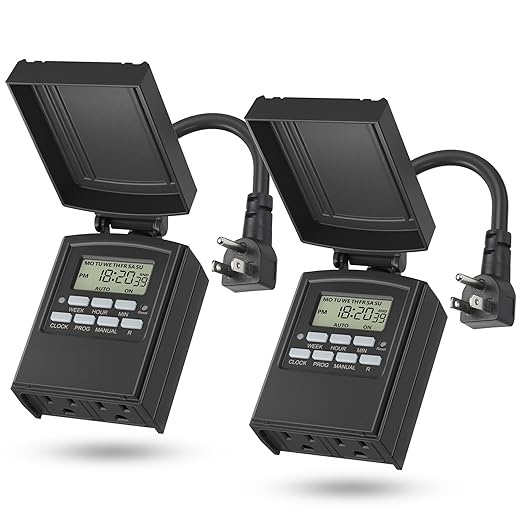 BN-LINK 7 Day Outdoor Heavy Duty Digital Programmable Timer, Outdoor Timer Outlet Waterproof, 2 Grounded Electrical Outlets for Christmas Lights, 15A 1/2HP,ETL Listed（2 Pack）