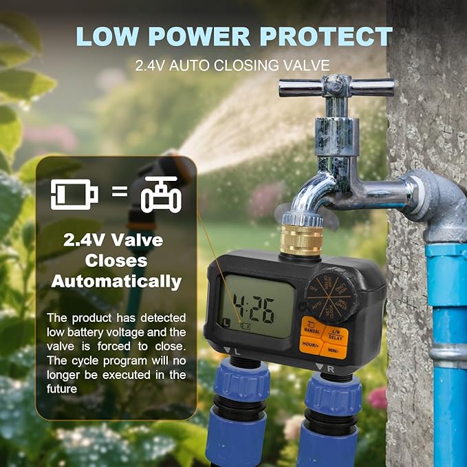 ANDOLL HOME Water Timer for Garden Hose - 2 Zone Timed Sprinkler with Rain Delay/Manual Watering/Automatic Irrigation Programmable Faucet Timer for Yard Lawn (1, Matte-Black)