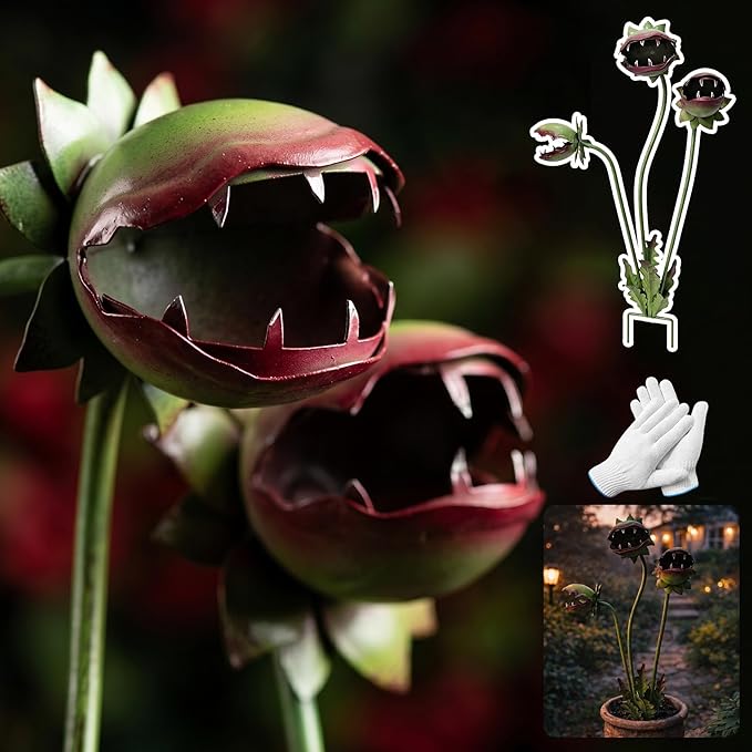 Funny Metal Carnivorous Plant Garden Stake, 25" Large Venus Flytrap Sculpture, Whimsical Outdoor Yard Art for Lawn Patio Planters, Unique Weather-Resistant Garden Decor Gift (64cm（25in）)