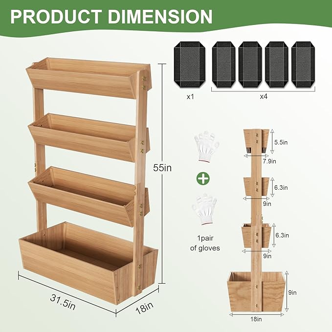Baotree 4 Tiers Vertical Wooden Raised Garden Bed, Tiered Standing Garden Planters Outdoor, Garden Tower Wooden Planter Box for Planting Herbs Flowers Vegetables Indoor Outdoor Gardening