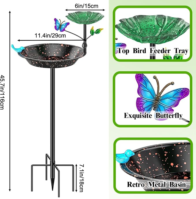 Metal Bird Bath for Outside Garden Birdbath Bowl, Freestanding Bird Feeders for Outdoors with 5 Prongs Base Stake, Standing Birdfeeders Birdbath Bowl for Yard Decor(Black-2-in-1-Butterfly)
