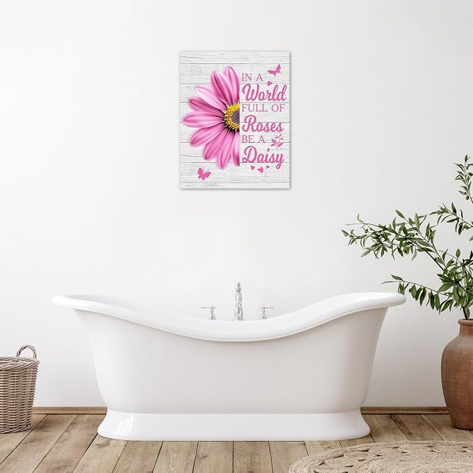 LB Pink Daisy Floral Canvas Wall Art Farmhouse Flower Funny Inspirational Quote Framed Art Prints Rustic Butterfly Wall Decor for Bedroom Living Room Bathroom Kitchen Home Office,20Lx16W inch