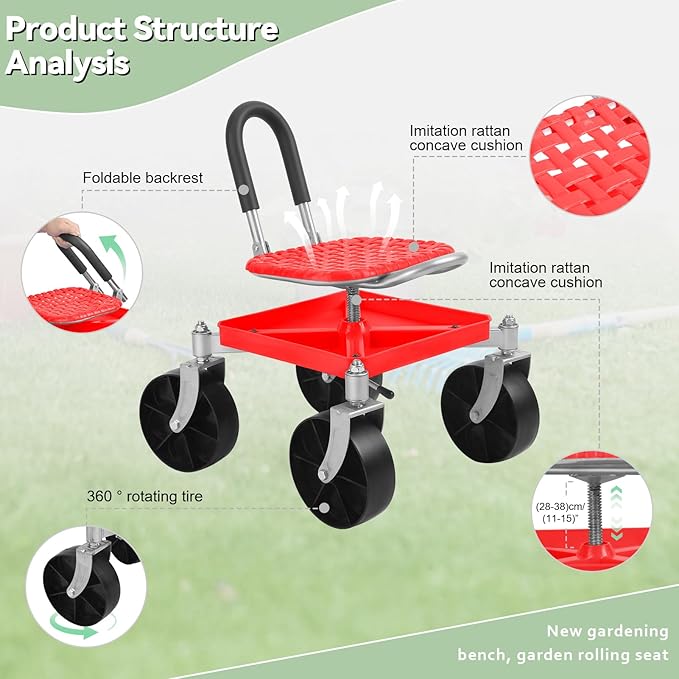 360° Swivel Swivel Garden Cart with Seat, Height Adjustable Garden Rolling Stool with Tool Tray & Wheels,Heavy Duty Gardening Stool for Adults, Seniors, Knee Pain Relief, Patio and Yard Use