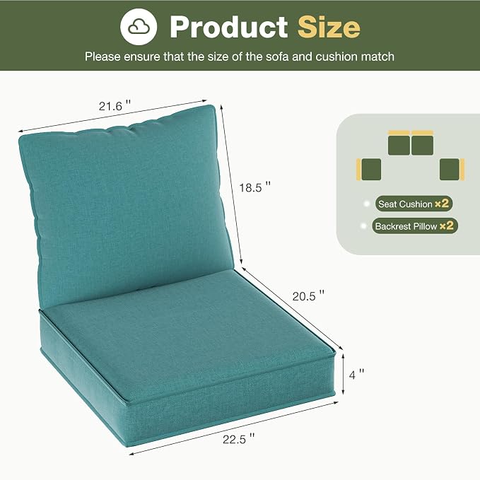 Aoxun Replacement Cushions for Outdoor Furniture, 4-Piece Outdoor Cushions for Patio Furniture, Deep Seat, Waterproof & Fade Resistant Couch Cushion for 4-Seat Patio Conversation Sets, Sky Blue