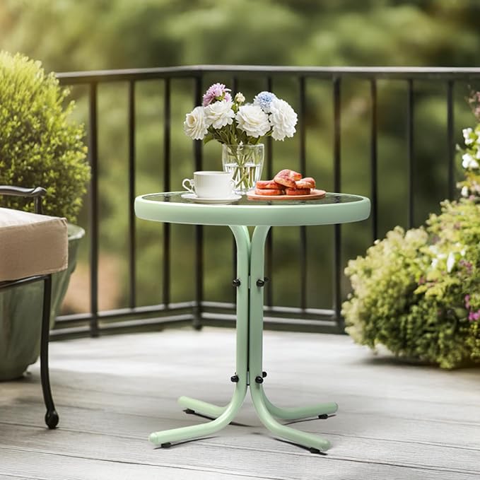 VINGLI Outdoor Side Table, 18" Patio Table Steel Frame Tempered Glass Top, Weatherproof Small Tables for Balcony Garden Poolside (Green, Round)