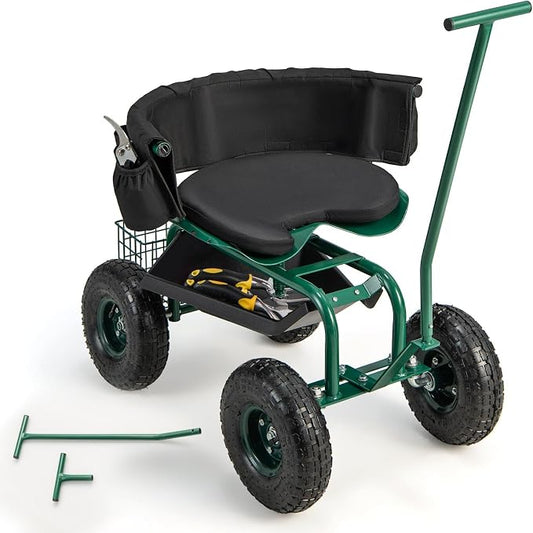 Rolling Garden Seat with Wheels, Garden Cart with 360° Swivel Seat for Planting, Garden Stool Scooter with Replaceable Handle & Removable Cushion, Height Adjustable Outdoor Gardening Workseat