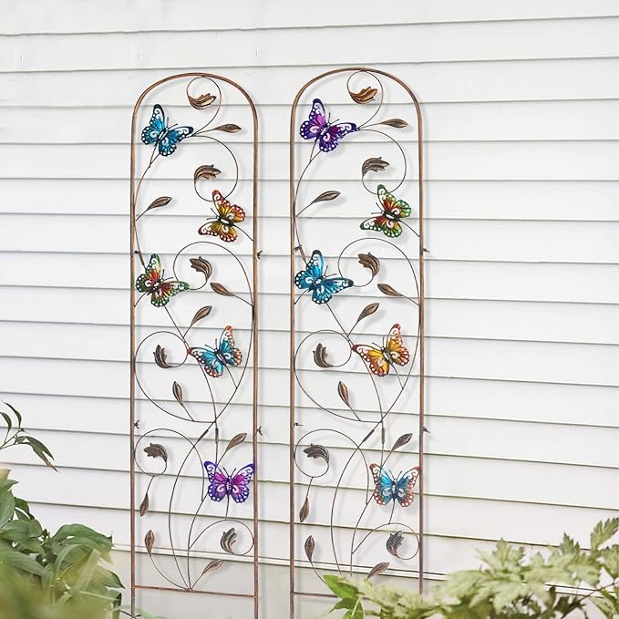 LEWIS&WAYNE 2 Pack Metal Garden Trellis with Colorful Butterfly 60 Inch High Outdoor Decoration Arched Fence Trellis for Climbing Plants for Patio, Lawn, Yard, Backyard, Wall Brackets
