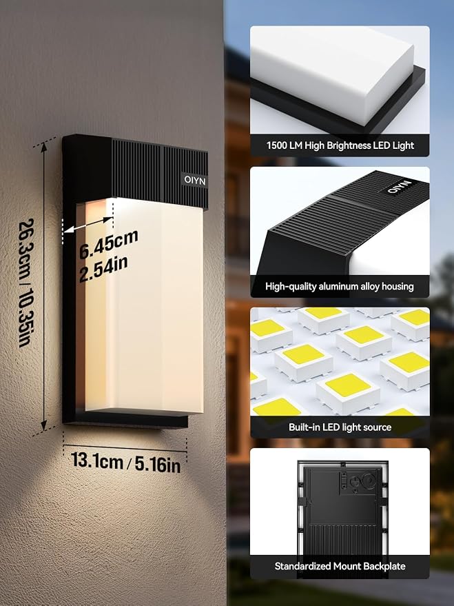 OIYN Outdoor Wall Light, Smart RGBICWW Porch Lights Outdoor, 1500LM Modern Wall Sconce with 30+ Scene Modes, Retome & APP Control, IP65 Waterproof Color-Changing DIY for Outdoor Decor, 2 Pack