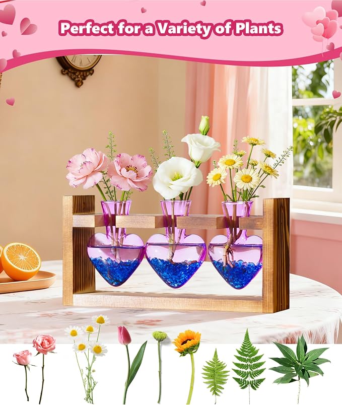 Nacome Plant Terrarium Propagation Stations: Mothers Day Gifts for Mom Plant Lovers Women Wife Daughter - 3 Bulb Glass Vase with Wooden Stand Tabletop for Hydroponics Home Garden Decor(Purple)