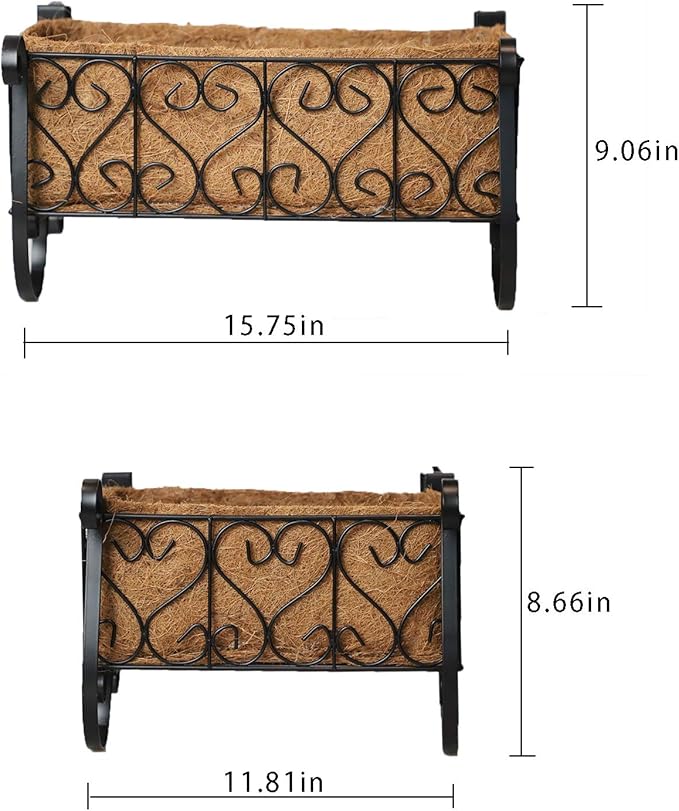 MorTime Iron Hanging Flower Rack Basket Shelf with Hooks, Railing Flower Pots Holder Black Metal Decorative Railing Shelf for Outdoor Garden Balcony Fence Patio