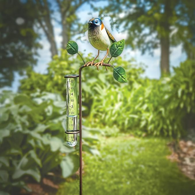 Bits and Pieces Bird Rain Gauge - 5 Inch Glass Rain Gauge with Metal Stake, Decorative Bird Yard Stake Lawn Garden Décor