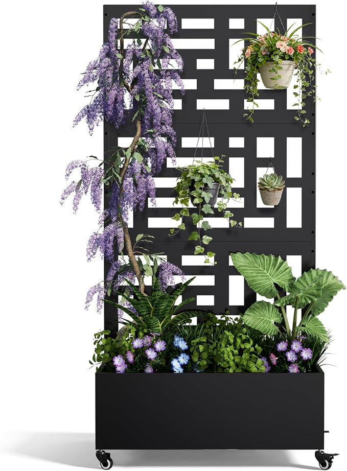 Baotree Metal Raised Garden Bed with Trellis and Wheels, 72"x 35"x 16" Privacy Planters for Patio, Planter Box with Drainage Holes for Climbing Plants, Flower, Vegetable (Black-Helen)